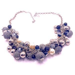 Vintage NY Silver Tone Multi Beaded Statement Necklace 17” With 3” Extender
